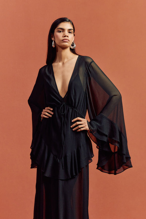 De La Vali CALYPSO MAXI DRESS IN BLACK CHIFFON