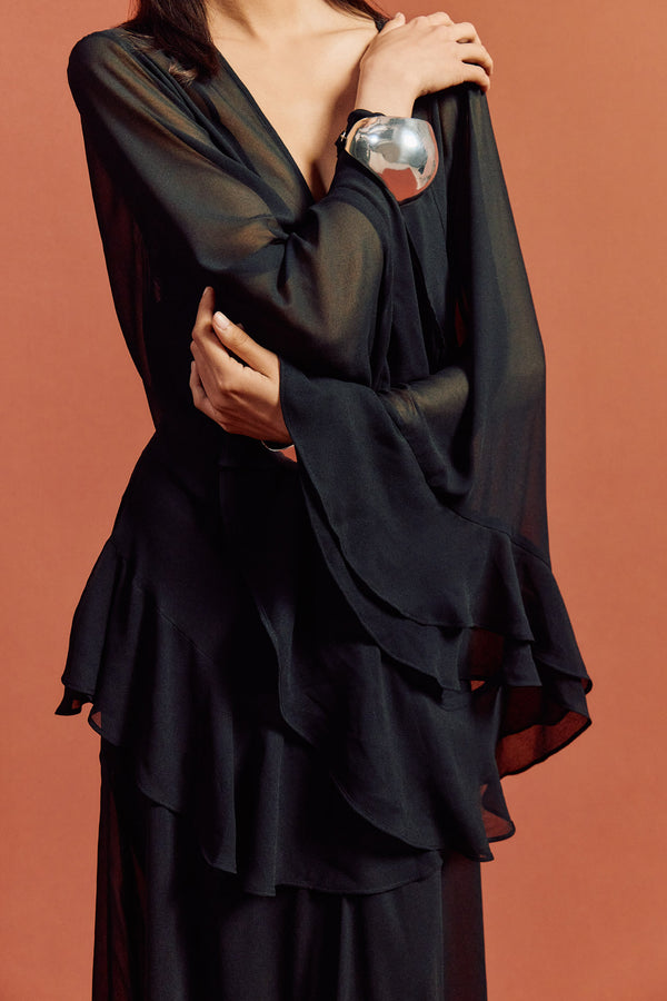 De La Vali CALYPSO MAXI DRESS IN BLACK CHIFFON