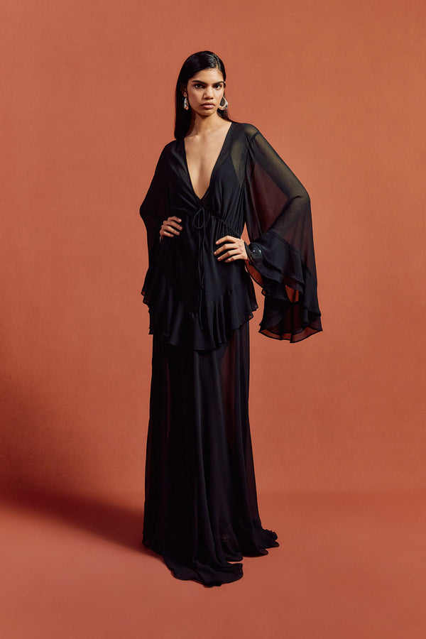 De La Vali CALYPSO MAXI DRESS IN BLACK CHIFFON
