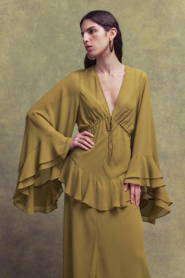 De La Vali CALYPSO MAXI DRESS IN FENNEL CHIFFON