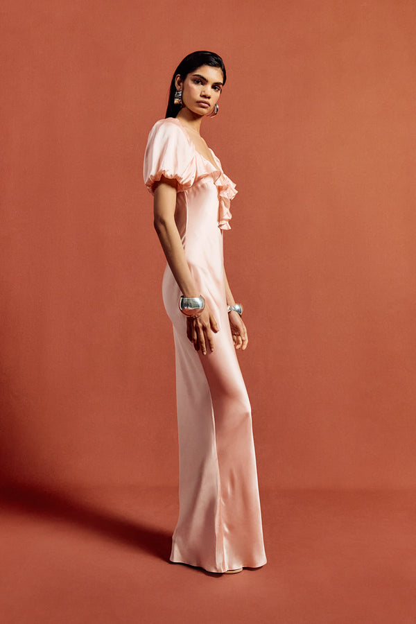 De La Vali EDEN MAXI DRESS IN BABY PINK SILK SATIN