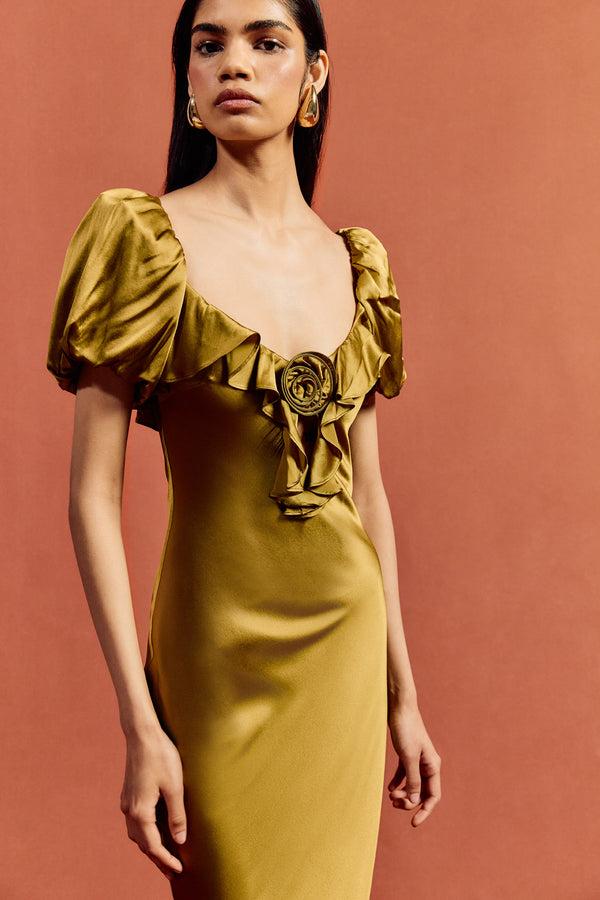 De La Vali EDEN MAXI DRESS IN FENNEL SILK SATIN