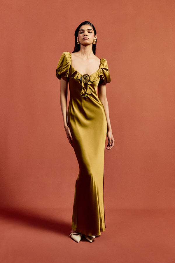 De La Vali EDEN MAXI DRESS IN FENNEL SILK SATIN