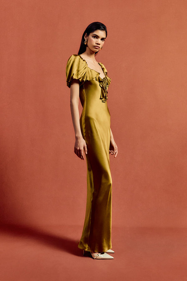 De La Vali EDEN MAXI DRESS IN FENNEL SILK SATIN