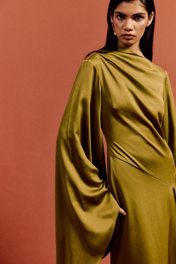 De La Vali HAUSOS MAXI DRESS IN FENNEL SATIN CREPE