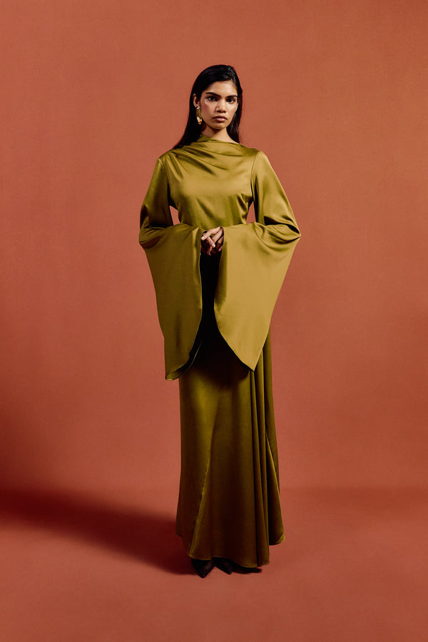 De La Vali HAUSOS MAXI DRESS IN FENNEL SATIN CREPE