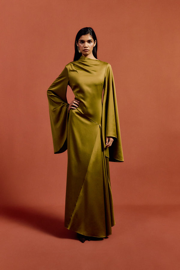 De La Vali HAUSOS MAXI DRESS IN FENNEL SATIN CREPE