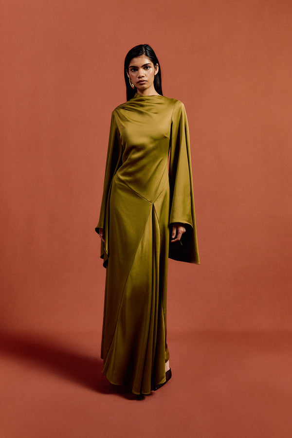 de la vali HAUSOS MAXI DRESS IN FENNEL SATIN CREPE