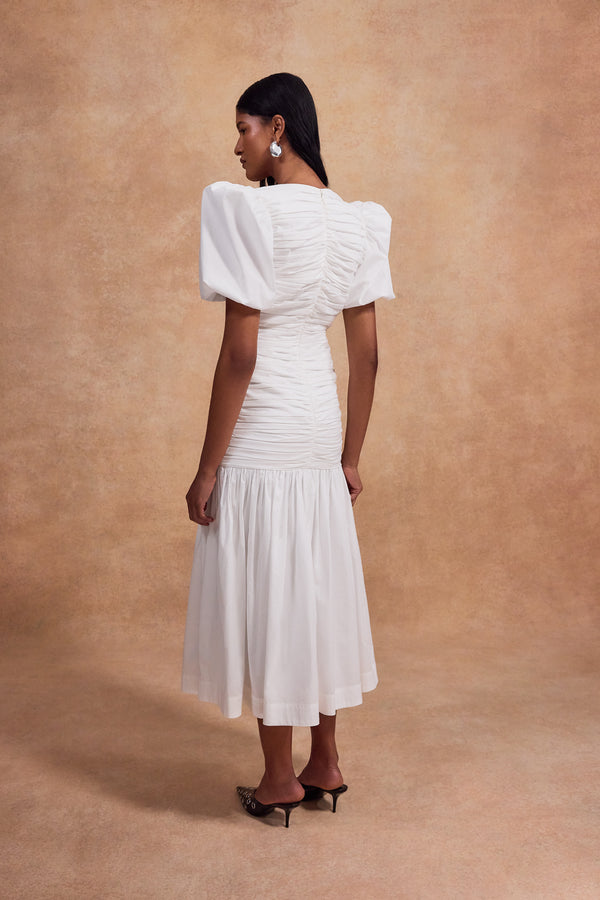 De La Vali MENCIA MIDI DRESS IN WHITE COTTON