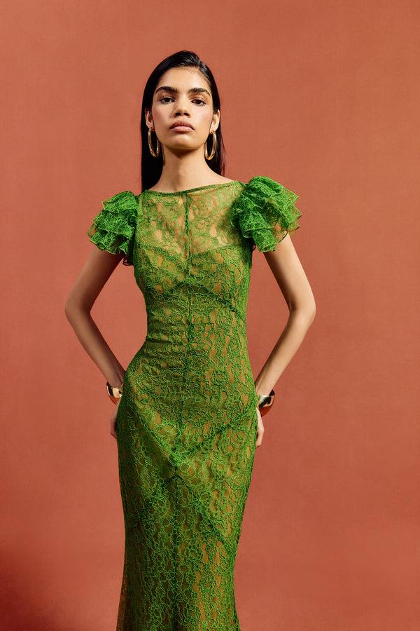 De La Vali NEPHELE MAXI DRESS IN SPRING GREEN LACE