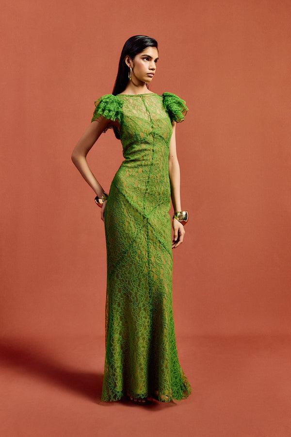 De La Vali NEPHELE MAXI DRESS IN SPRING GREEN LACE