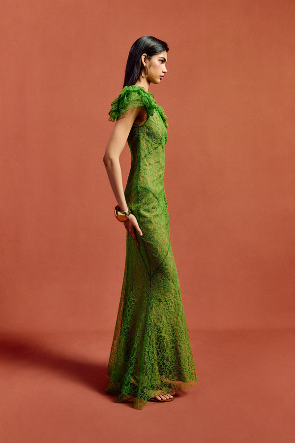 De La Vali NEPHELE MAXI DRESS IN SPRING GREEN LACE