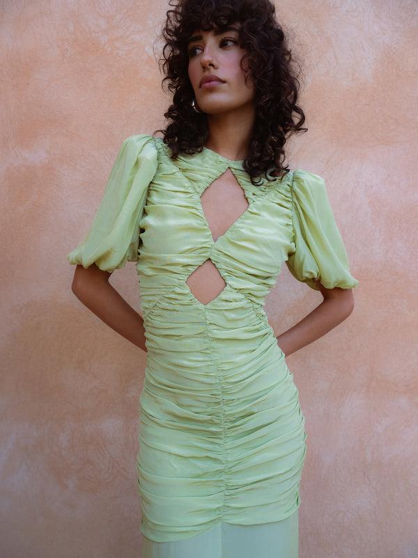 De La Vali OLYMPIA MAXI DRESS IN PISTACHIO CREPE