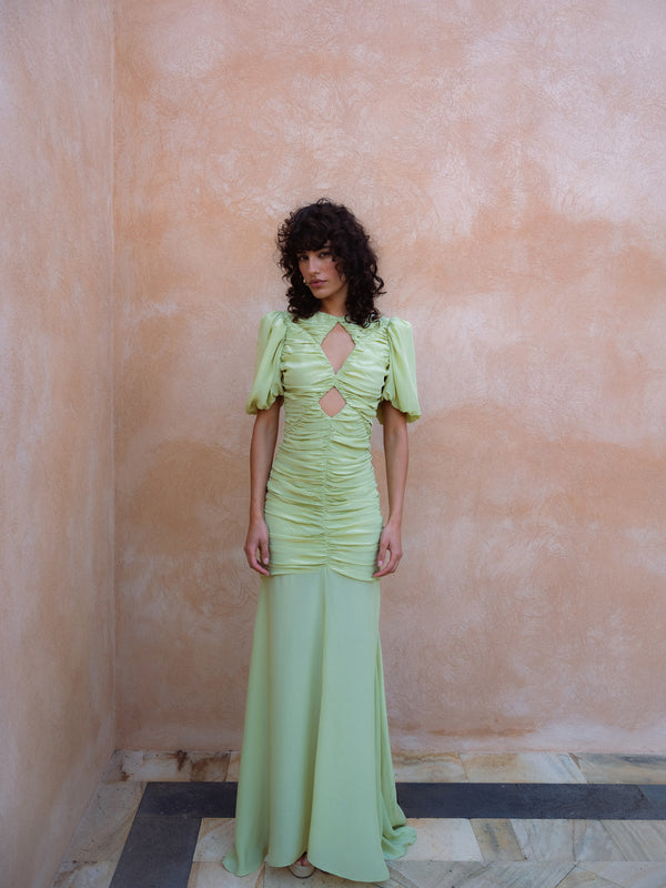 De La Vali OLYMPIA MAXI DRESS IN PISTACHIO CREPE