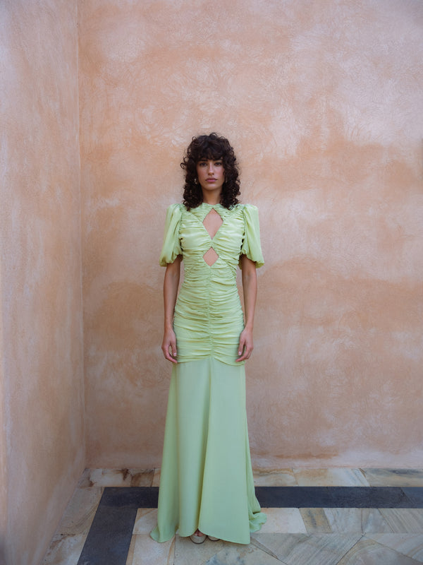 de la vali OLYMPIA MAXI DRESS IN PISTACHIO CREPE