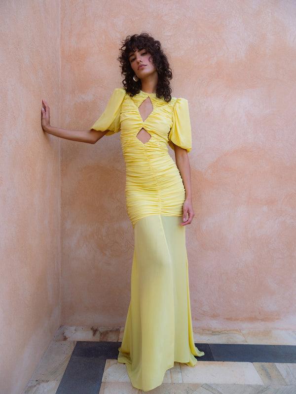 De La Vali OLYMPIA MAXI DRESS IN YELLOW CREPE
