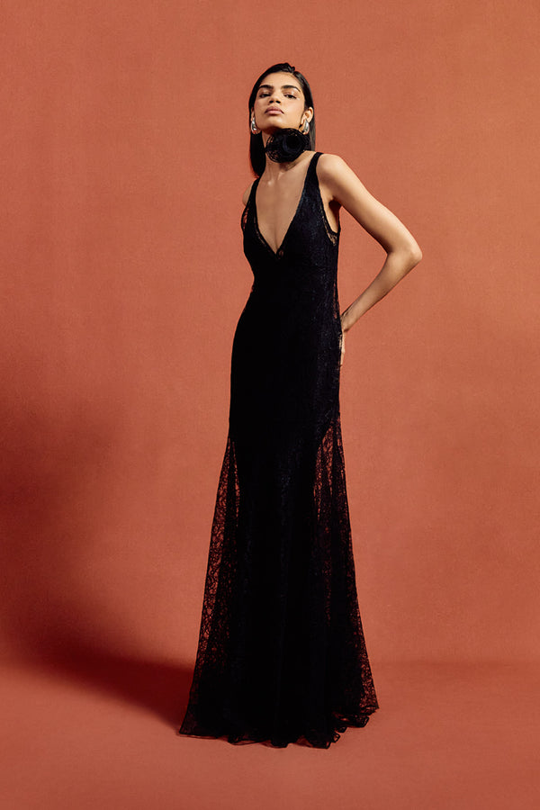 De La Vali PERSEPHONE MAXI DRESS IN BLACK LACE