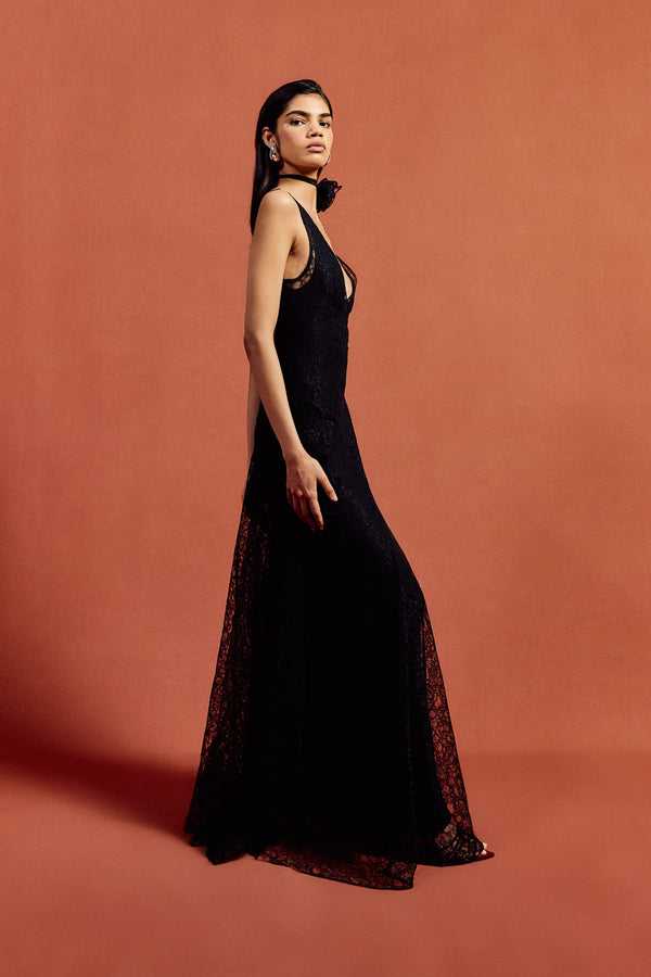 De La Vali PERSEPHONE MAXI DRESS IN BLACK LACE