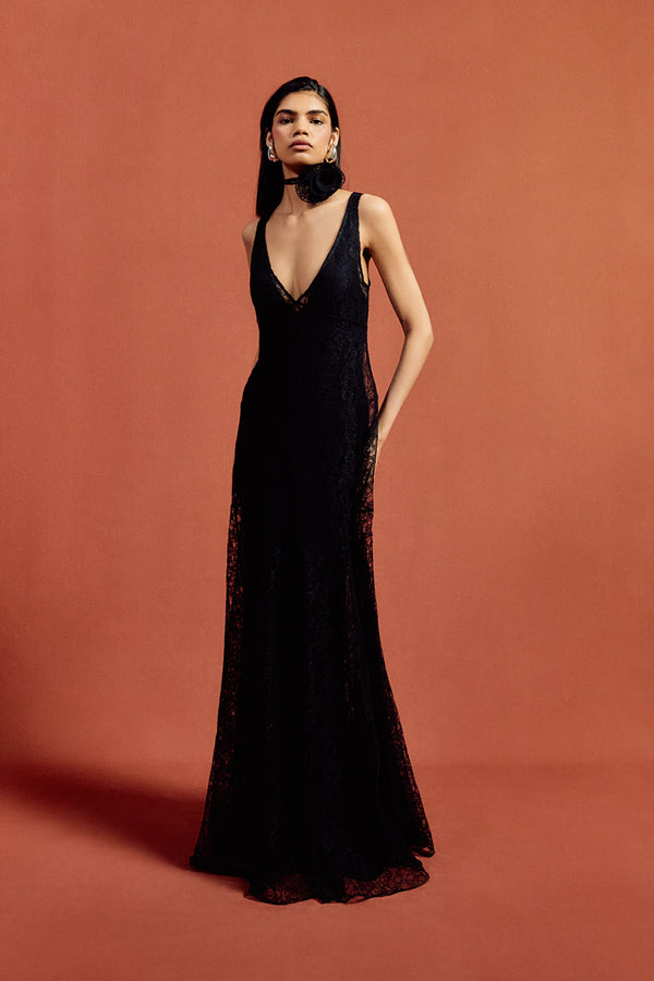 de la vali PERSEPHONE MAXI DRESS IN BLACK LACE