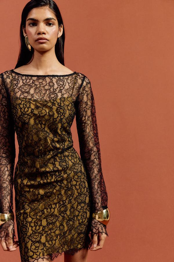 De La Vali SITHON MINI DRESS IN BLACK LACE