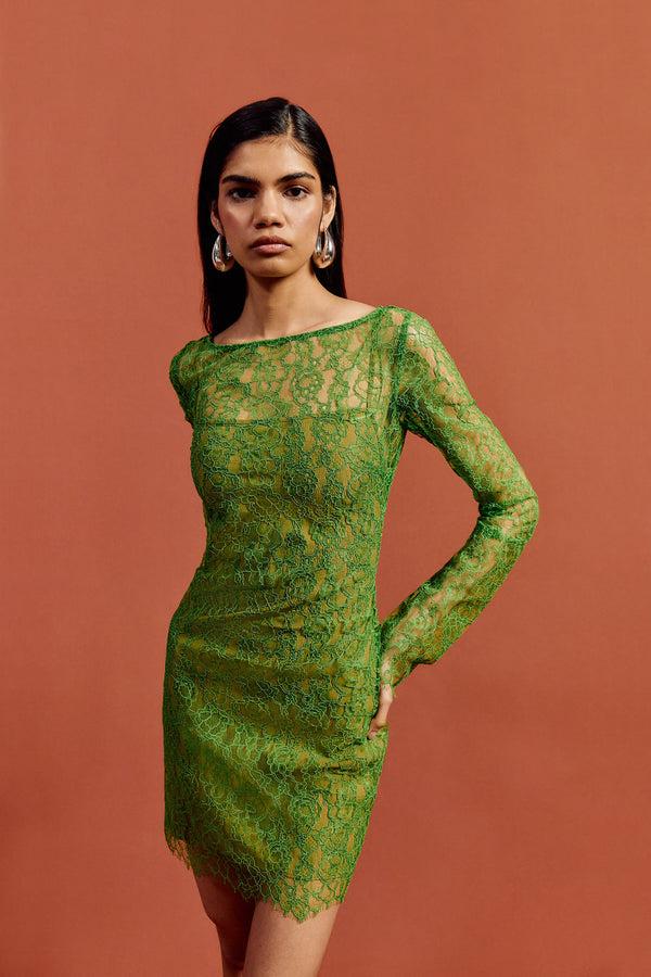 De La Vali SITHON MINI DRESS IN SPRING GREEN LACE