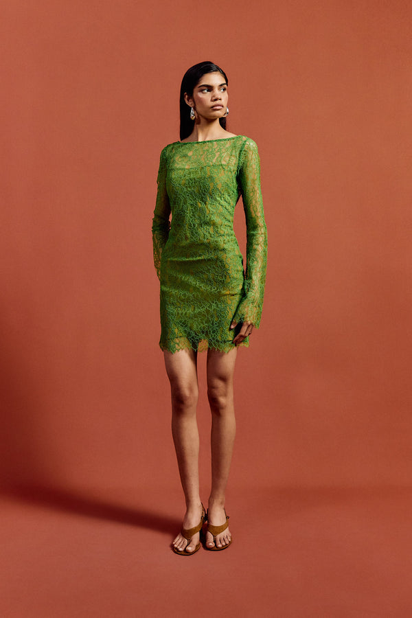 De La Vali SITHON MINI DRESS IN SPRING GREEN LACE