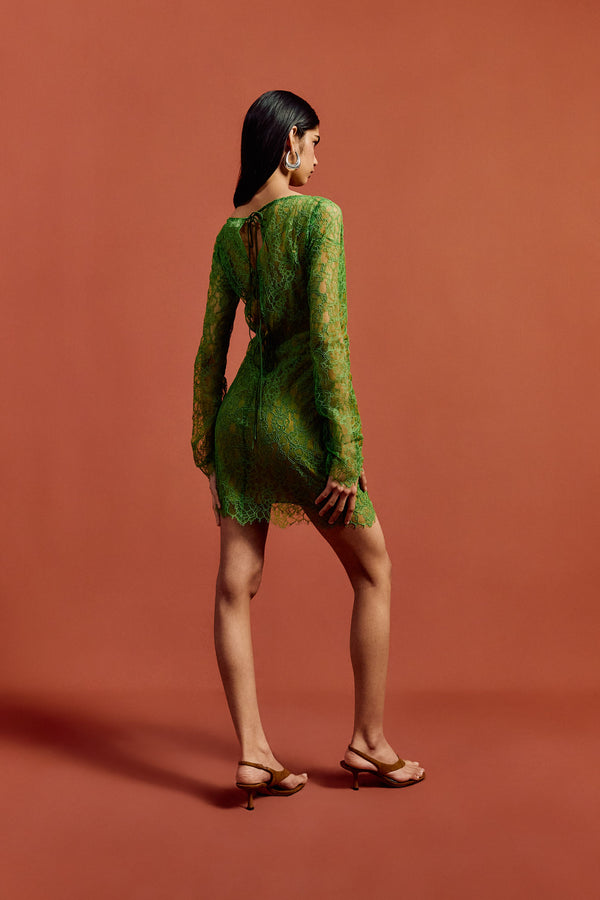 De La Vali SITHON MINI DRESS IN SPRING GREEN LACE