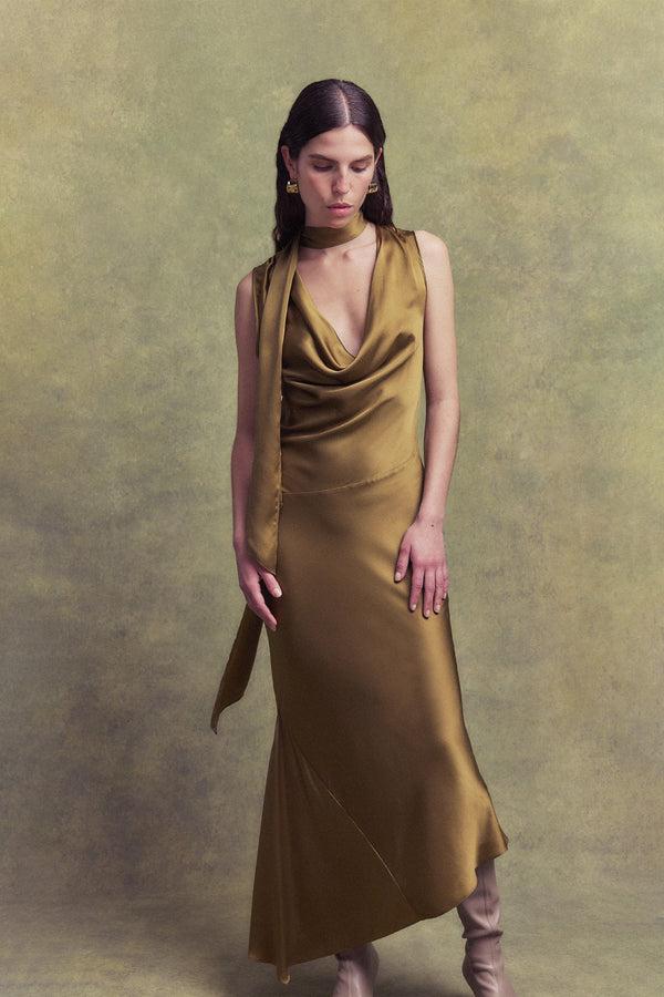 De La Vali THEBE MIDI DRESS IN FENNEL SILK SATIN
