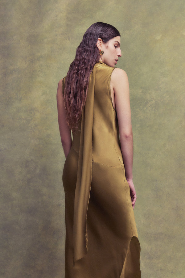 De La Vali THEBE MIDI DRESS IN FENNEL SILK SATIN