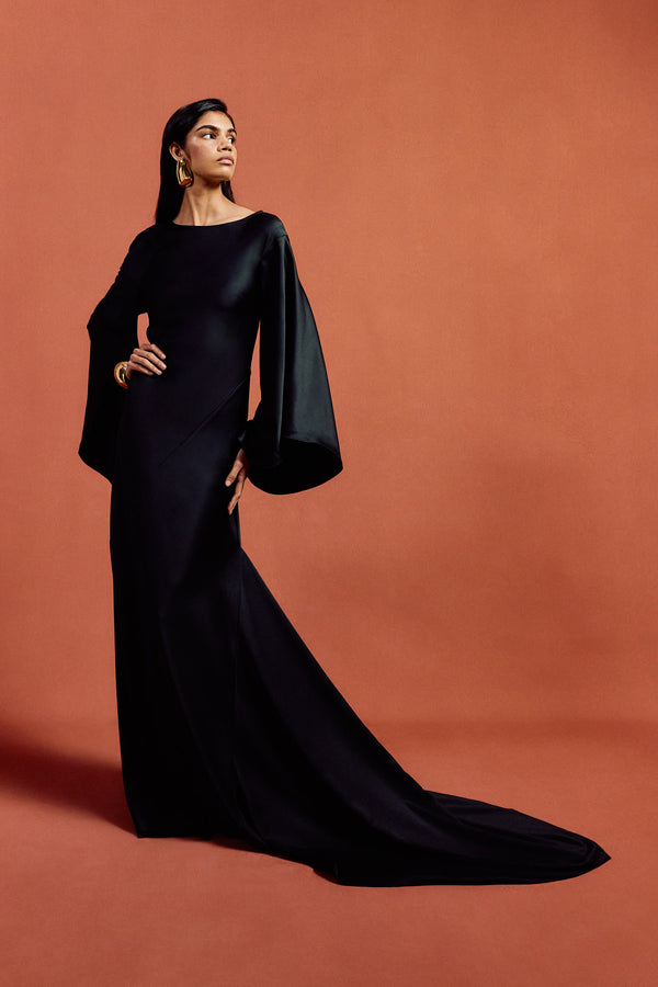 De La Vali XANTHE MAXI DRESS IN BLACK SATIN CREPE