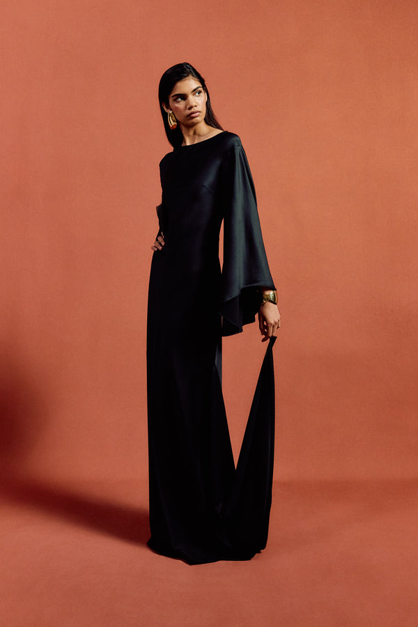 De La Vali XANTHE MAXI DRESS IN BLACK SATIN CREPE