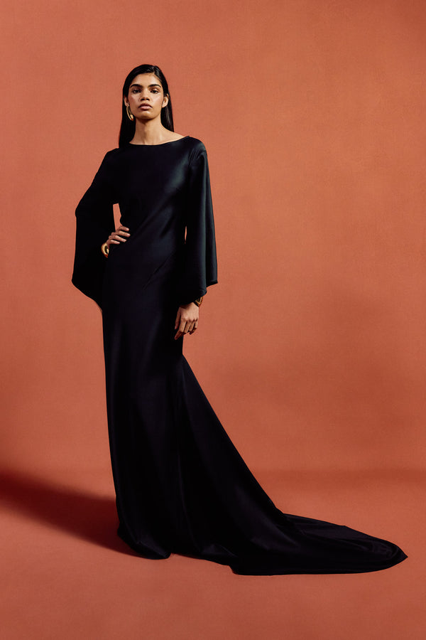 de la vali XANTHE MAXI DRESS IN BLACK SATIN CREPE
