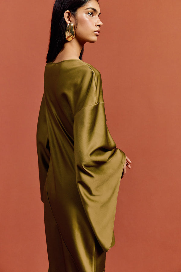 De La Vali XANTHE MAXI DRESS IN FENNEL SATIN CREPE