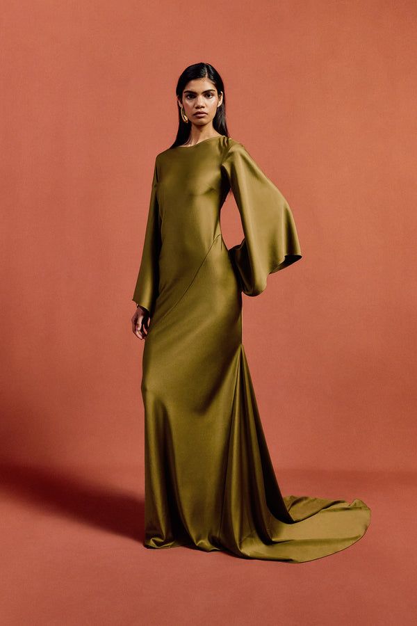 De La Vali XANTHE MAXI DRESS IN FENNEL SATIN CREPE