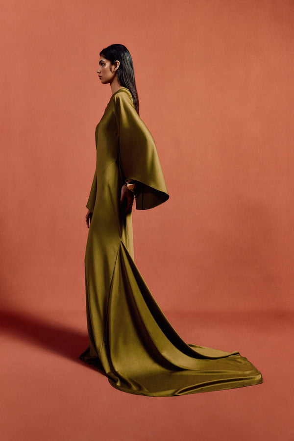 De La Vali XANTHE MAXI DRESS IN FENNEL SATIN CREPE