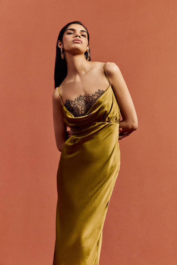 De La Vali DORADA MAXI DRESS IN FENNEL SILK SATIN & LACE