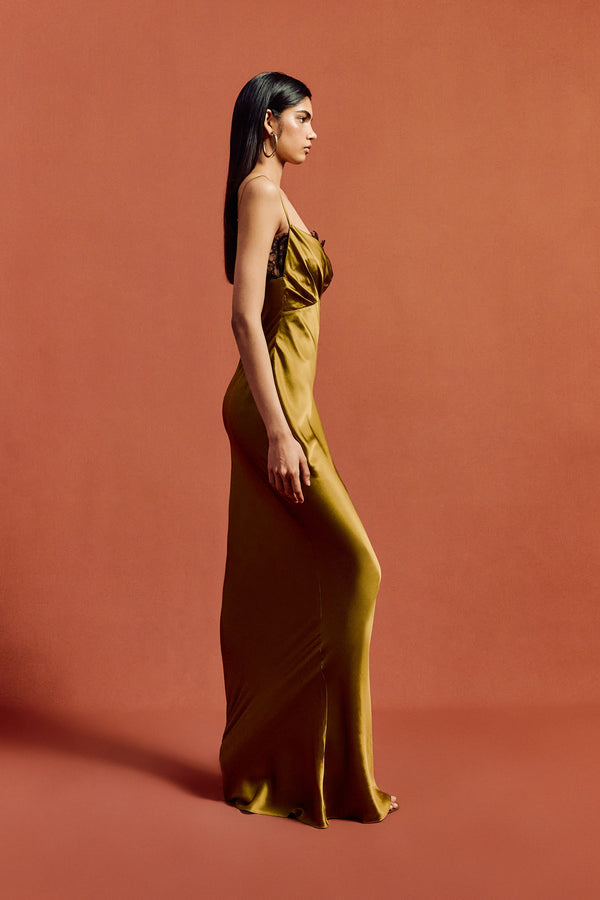 De La Vali DORADA MAXI DRESS IN FENNEL SILK SATIN & LACE