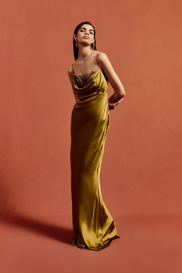de la vali DORADA MAXI DRESS IN FENNEL SILK SATIN & LACE