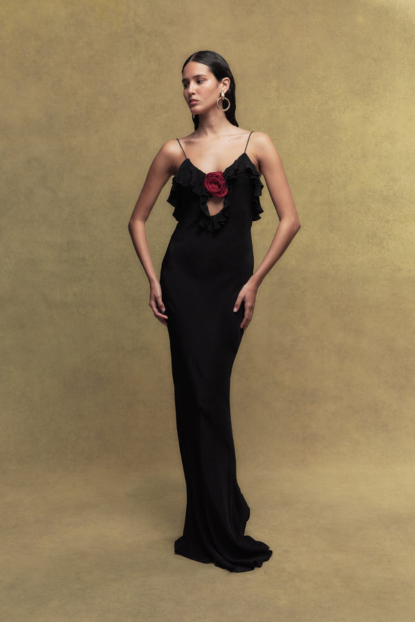 de la vali ESPERANZA CREPE DE CHINE MAXI DRESS IN BLACK