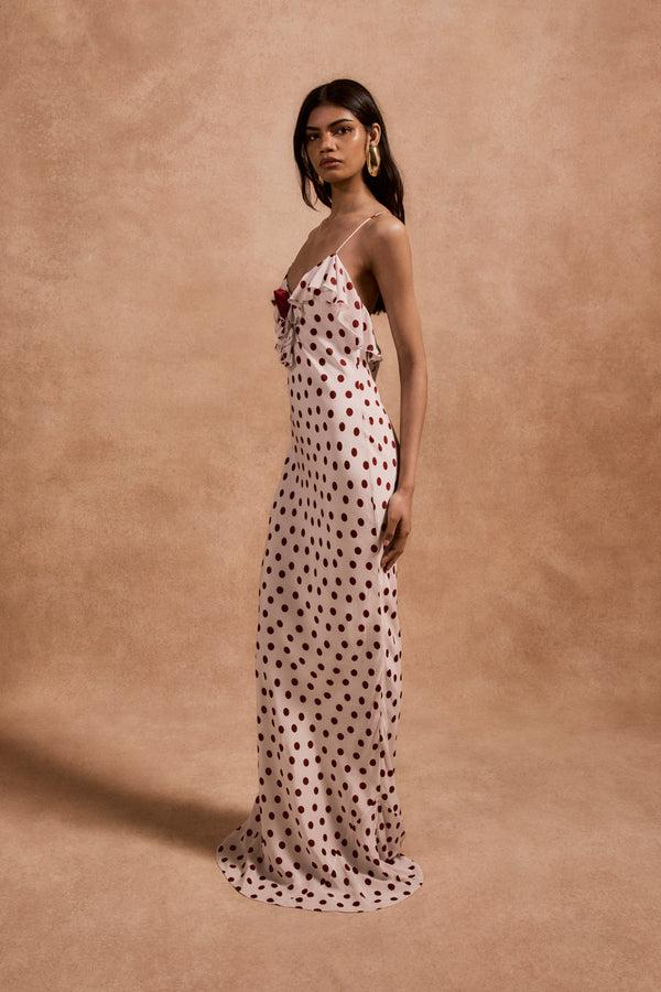 De La Vali ESPERANZA LONG DRESS IN IVORY RED POLKADOT CREPE DE CHINE