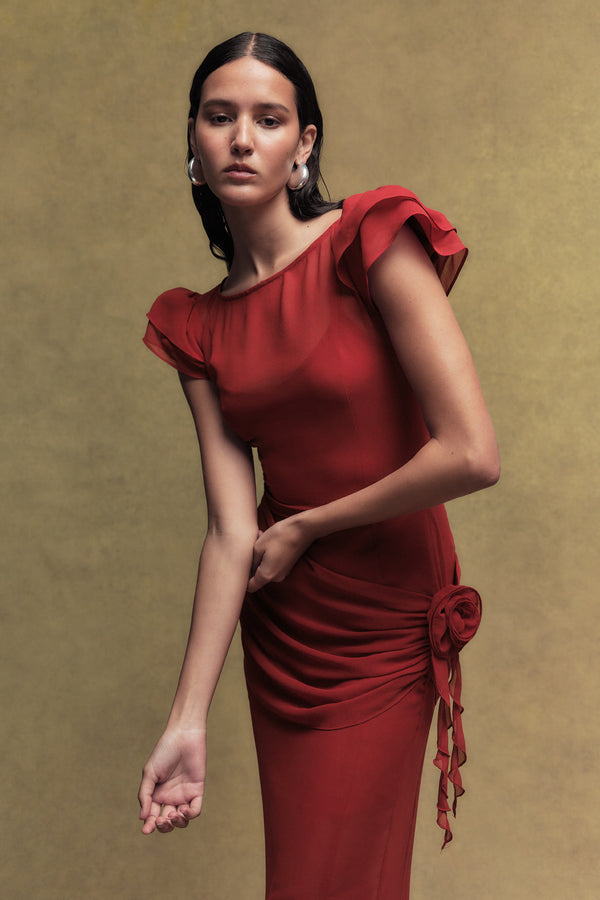 De La Vali FLORENTINE CHIFFON MAXI DRESS IN SCARLET