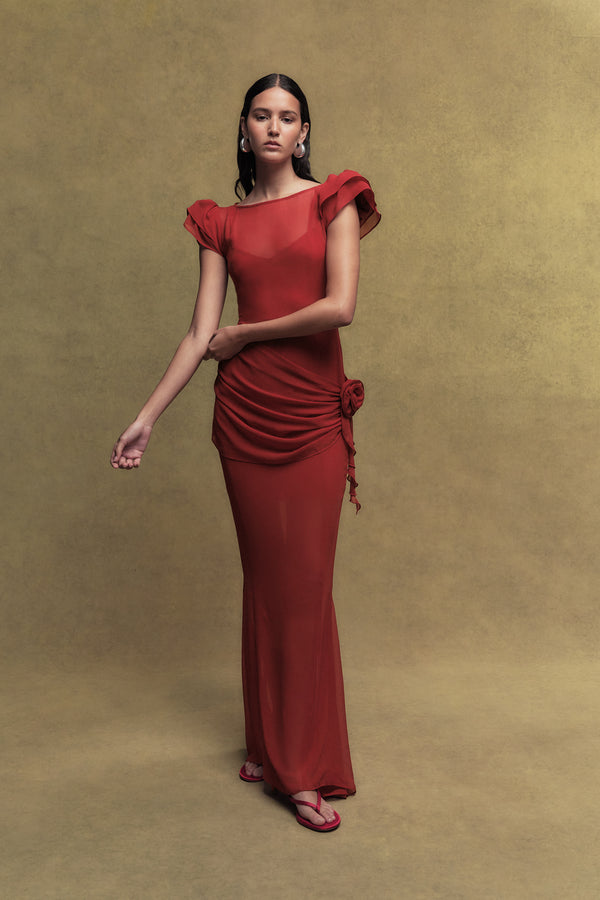 de la vali FLORENTINE CHIFFON MAXI DRESS IN SCARLET