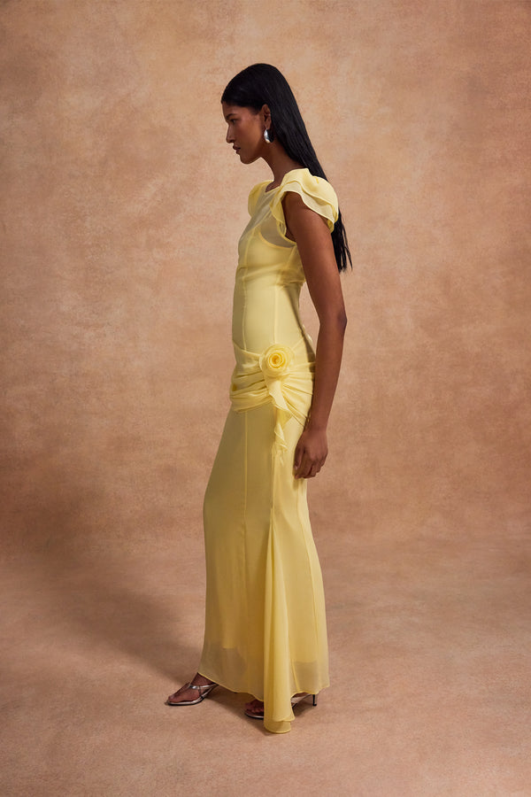 De La Vali FLORENTINE MAXI DRESS IN SHERBET YELLOW CHIFFON