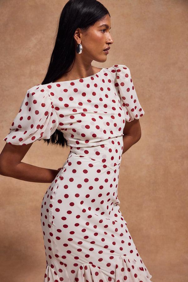 De La Vali FORTALEZA MIDI DRESS IN IVORY RED POLKADOT CHIFFON