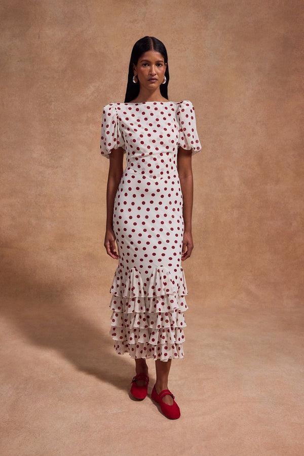 de la vali FORTALEZA MIDI DRESS IN IVORY RED POLKADOT CHIFFON