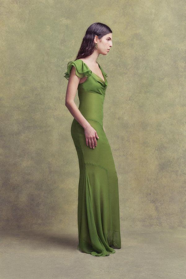 De La Vali GAIA MAXI DRESS IN FOREST GREEN SILK CHIFFON