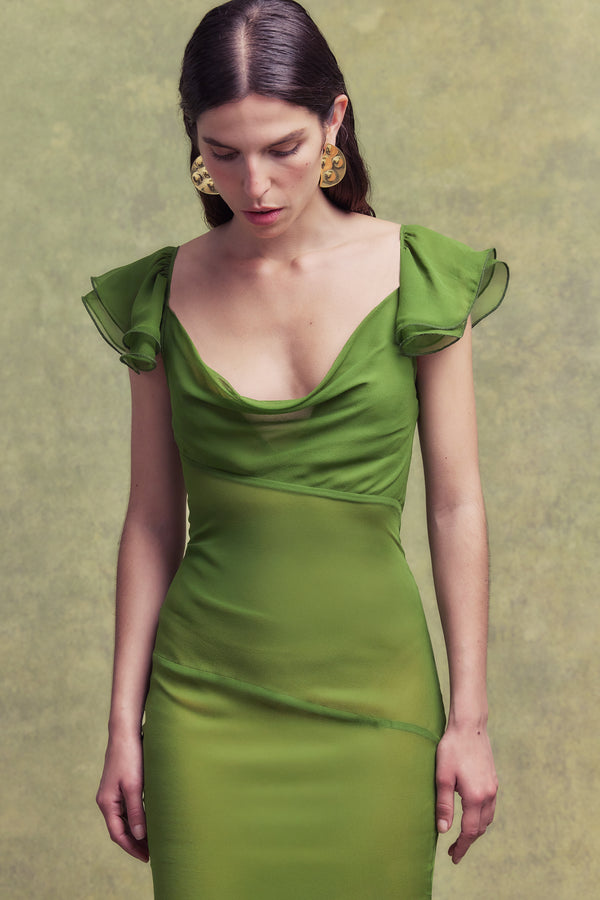 De La Vali GAIA MAXI DRESS IN FOREST GREEN SILK CHIFFON