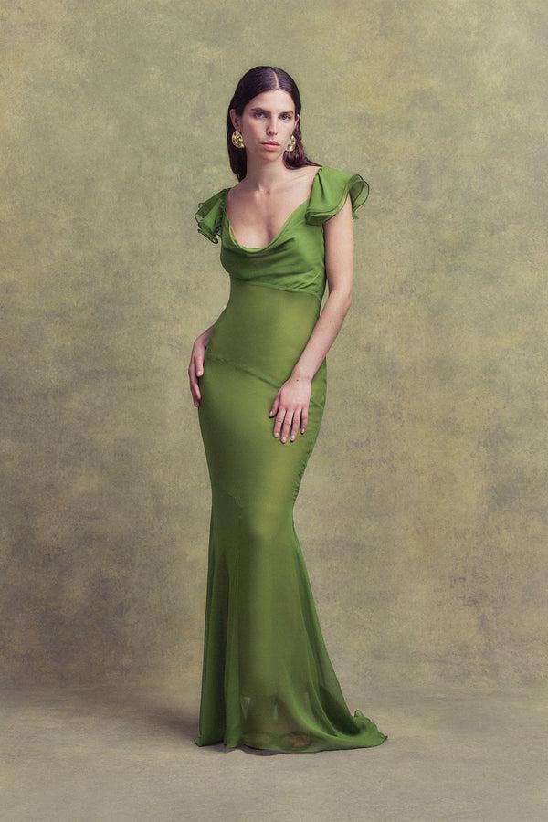 de la vali GAIA MAXI DRESS IN FOREST GREEN SILK CHIFFON