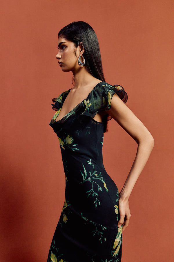 De La Vali GAIA MAXI DRESS IN PRIMAVERA - BLACK SILK CHIFFON