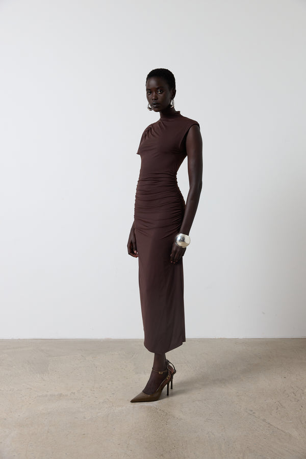 De La Vali GALLARDO MIDI DRESS IN CHOCOLATE SPANDEX JERSEY